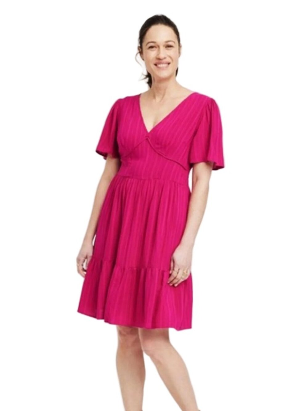 Knox Rose Magenta V-Neck Tiered Dress, Size Large
